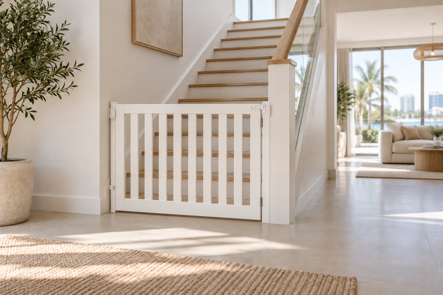 White Kensington safety gate fitted at the bottom of a staircase