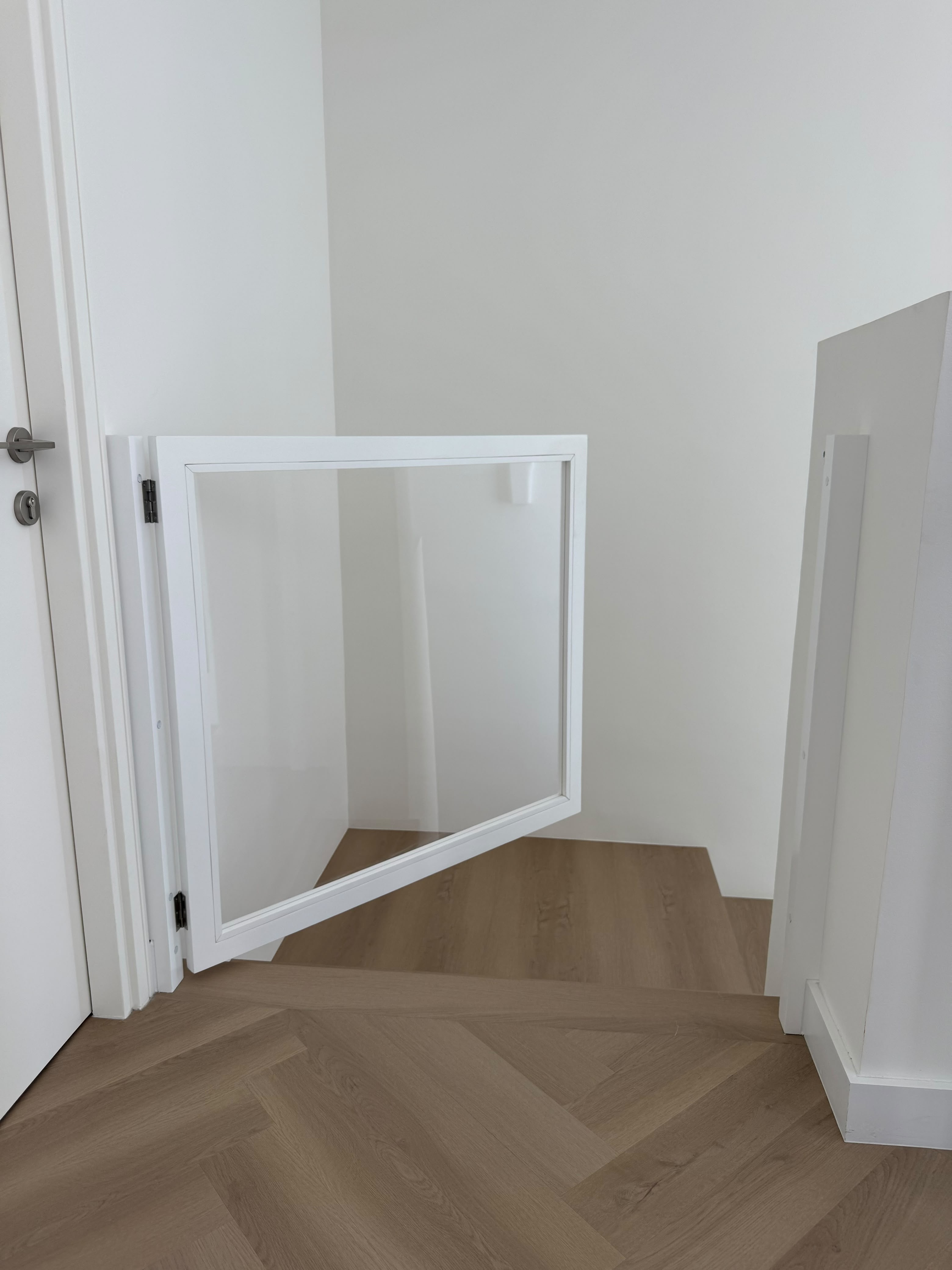 The fitted clear safety gate shown open